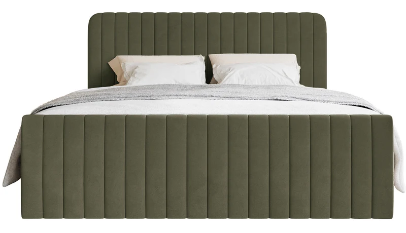 Kontinentales Bett 180x200 cm Saliano mit Stauraum und Topper, olivgrüner Samt