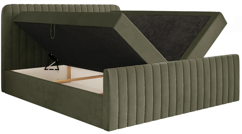 Kontinentales Bett 180x200 cm Saliano mit Stauraum und Topper, olivgrüner Samt
