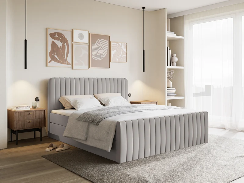 Kontinentalbett 200x200 cm Saliano mit Stauraum und Topper, hellbeiger hydrophober Chenillestoff