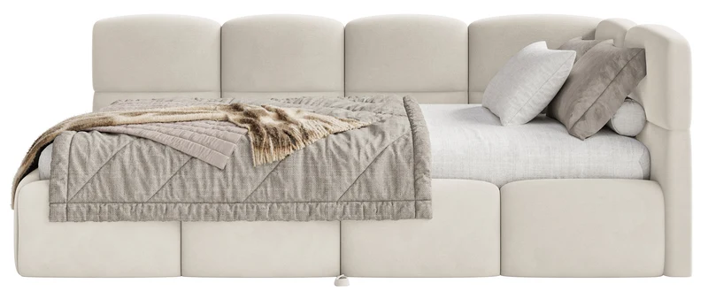 Jugendbett 90x200 cm Cloudy, rechtsseitig ausziehbar, mit Matratzen, hellbeiger Velours, wasserabweisend und pflegeleicht