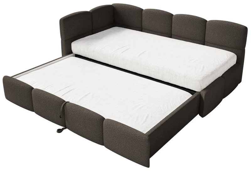 Jugendbett 90x200 cm Cloudy, links ausziehbar, mit Matratzen, braunes Bouclé