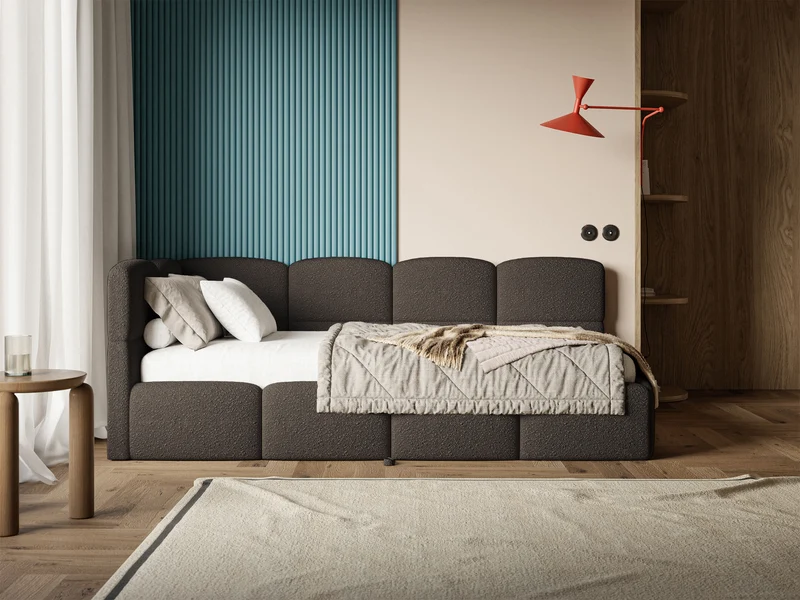 Jugendbett 90x200 cm Cloudy, links ausziehbar, mit Matratzen, braunes Bouclé