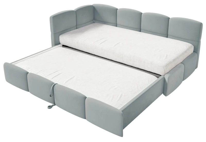 Jugendbett 90x200 cm Cloudy, links ausziehbar, mit Matratzen, grauer Velours, wasserabweisend und pflegeleicht