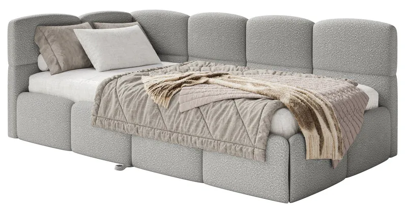 Jugendbett 90x200 cm Cloudy, links ausziehbar, mit Matratzen, graues Bouclé