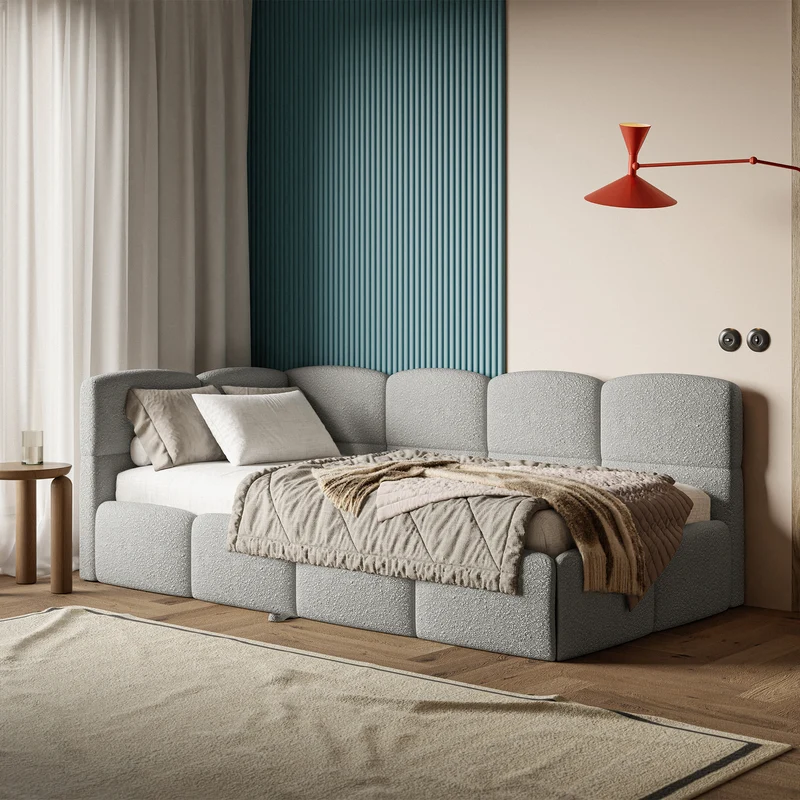 Jugendbett 90x200 cm Cloudy, links ausziehbar, mit Matratzen, graues Bouclé