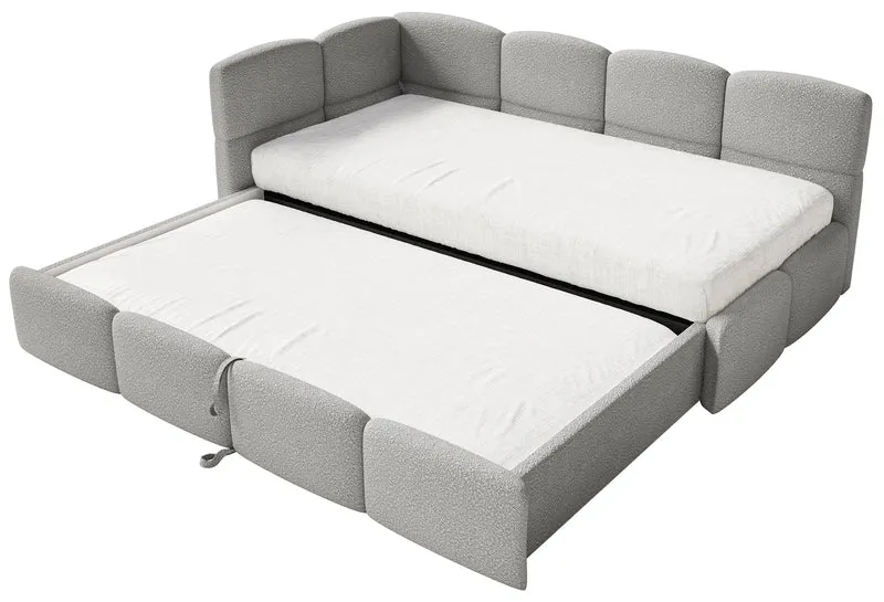 Jugendbett 90x200 cm Cloudy, links ausziehbar, mit Matratzen, graues Bouclé