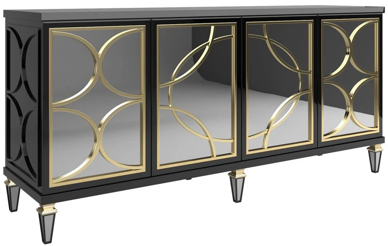 Casa Padrino Luxus Barock Sideboard Schwarz / Gold 220 x 55 x H. 105 cm - Prunkvoller Schrank mit 4 verspiegelten Türen - Barock Möbel