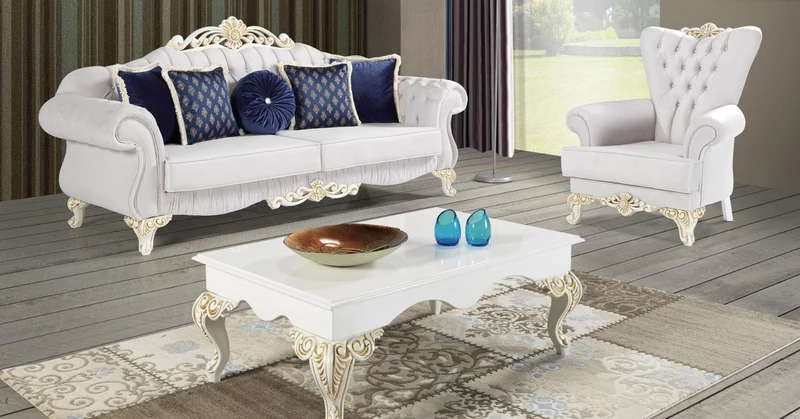 Casa Padrino Barock Wohnzimmer Set Hellgrau / Weiß / Creme / Gold - 2 Sofas & 2 Sessel & 1 Couchtisch - Edle Wohnzimmer Möbel im Barockstil