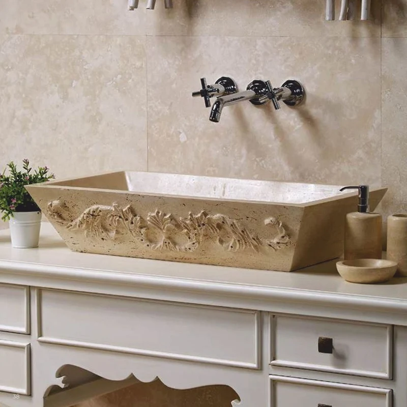 Casa Padrino Jugendstil Travertin Waschbecken Schale Beige 70 cm - Badezimmer Accessoires