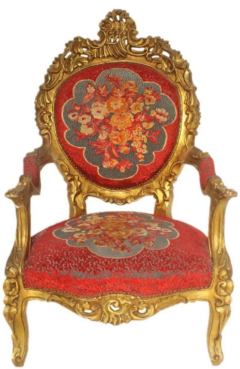 Casa Padrino Barock Thron Sessel Rot Blumenmuster / Gold 70 x 70 x H. 120 cm - Prunkvoller handgefertigter Königssessel - Hochzeitssessel - Barock Möbel