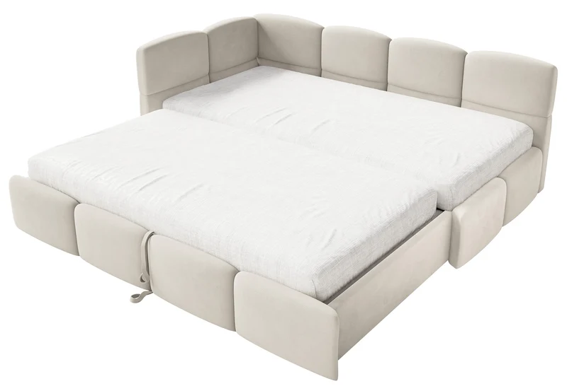 Jugendbett 90x200 cm Cloudy, links ausziehbar, mit Matratzen, hellbeiger Velours, wasserabweisend und pflegeleicht