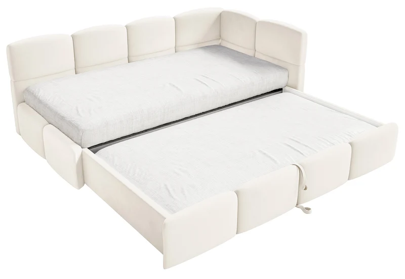 Jugendbett 90x200 cm Cloudy, rechtsseitig ausziehbar, mit Matratzen, cremefarbener Velours, wasserabweisend und pflegeleicht
