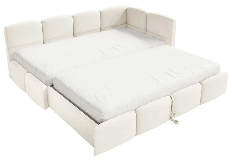Jugendbett 90x200 cm Cloudy, rechtsseitig ausziehbar, mit Matratzen, cremefarbener Velours, wasserabweisend und pflegeleicht