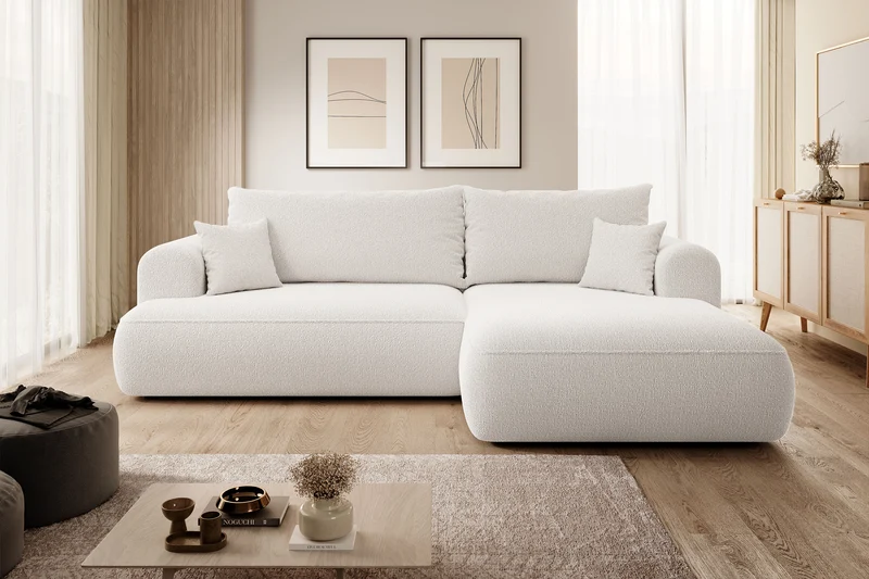 Ecksofa mit Schlaffunktion Ovo, L-förmig, cremefarben, mit Stauraum, Bouclé, rechtsseitig