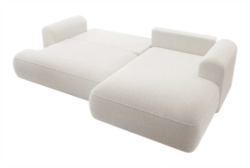 Ecksofa mit Schlaffunktion Ovo, L-förmig, cremefarben, mit Stauraum, Bouclé, rechtsseitig