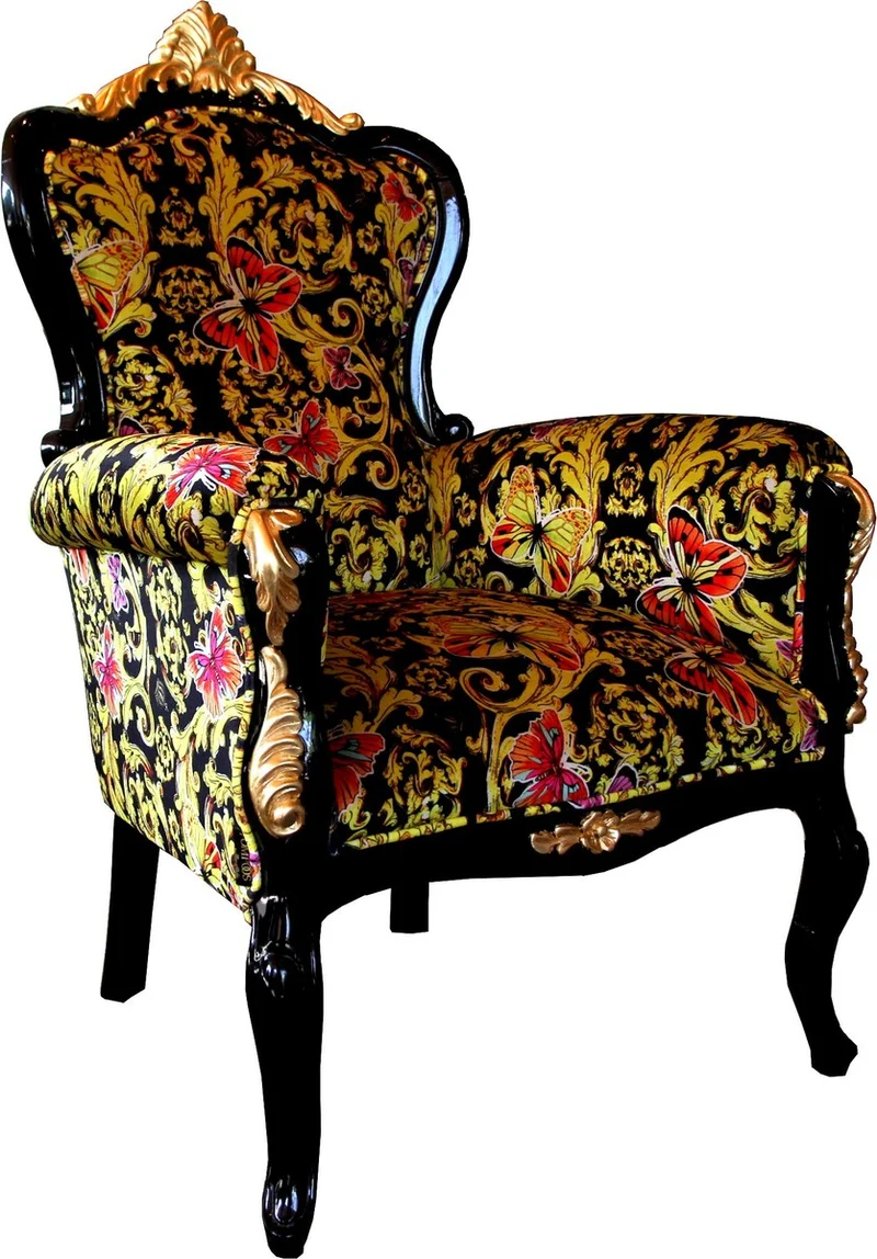 Pompöös by Casa Padrino Luxus Barock Sessel Bergere Butterfly & Flower Design / Schwarz / Gold - Pompööser Barock Sessel designed by Harald Glööckler