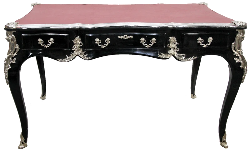 Casa Padrino Luxus Barock Schreibtisch mit 3 Schubladen und massiven Metallapplikation Schwarz / Silber / Bordeaux 141 x 65 x H. 80 cm - Barock Büromöbel Sekretär