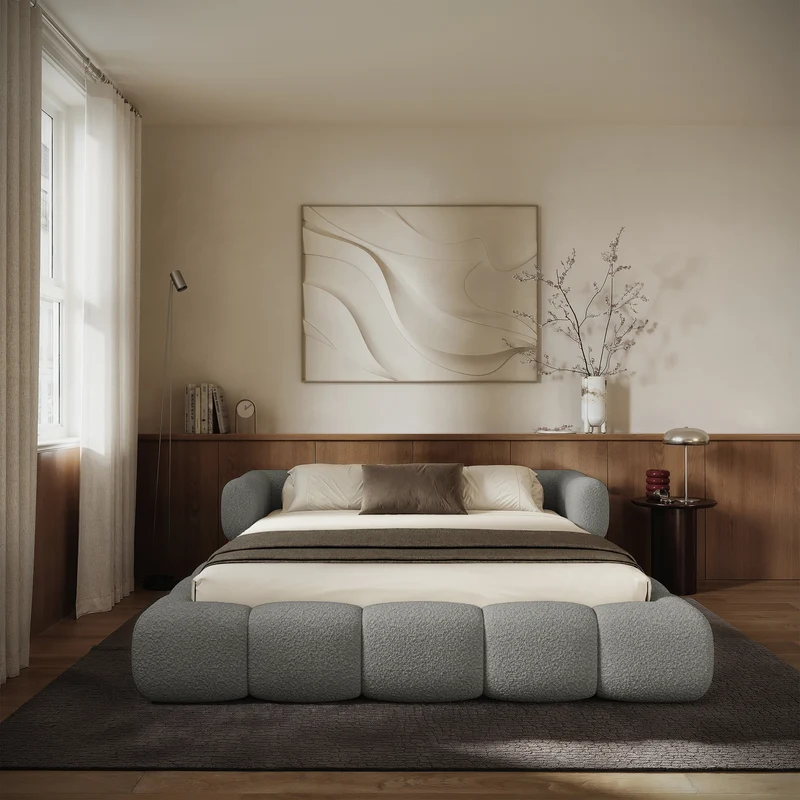 Upholstered bed 140x200 cm Stormi mit rollbarem Lattenrost, hellgrauer Chenille
