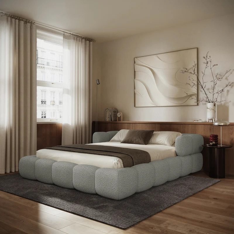 Upholstered bed 140x200 cm Stormi mit rollbarem Lattenrost, hellgrauer Chenille