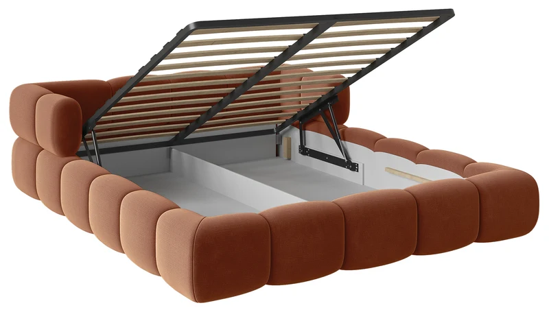 Upholstered bed 140x200 cm Stormi with storage, metal frame, copper chenille, hydrophobic, easy-clean