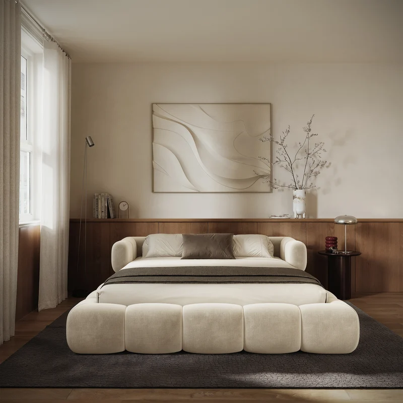 Upholstered bed 180x200 cm Stormi with storage, metal frame, cream chenille, hydrophobic, easy-clean