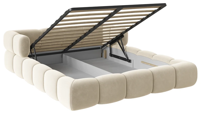 Upholstered bed 180x200 cm Stormi with storage, metal frame, cream chenille, hydrophobic, easy-clean