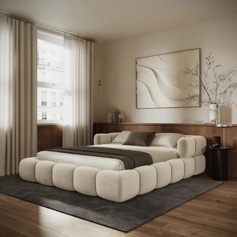 Upholstered bed 180x200 cm Stormi with storage, metal frame, cream chenille, hydrophobic, easy-clean