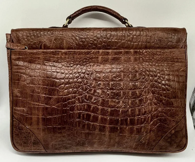 Casa Padrino Luxus Echtleder Herren Aktentasche in Kroko Optik Braun / Gold 42 cm - Made in Italy