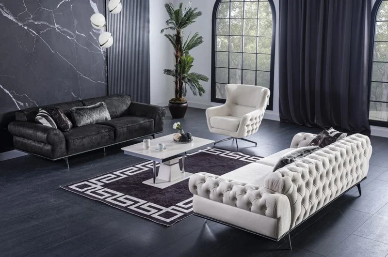 Casa Padrino Luxus Art Deco Wohnzimmer Sofa Schwarz / Silber 240 x 95 x H. 63 cm - Luxus Wohnzimmer Möbel