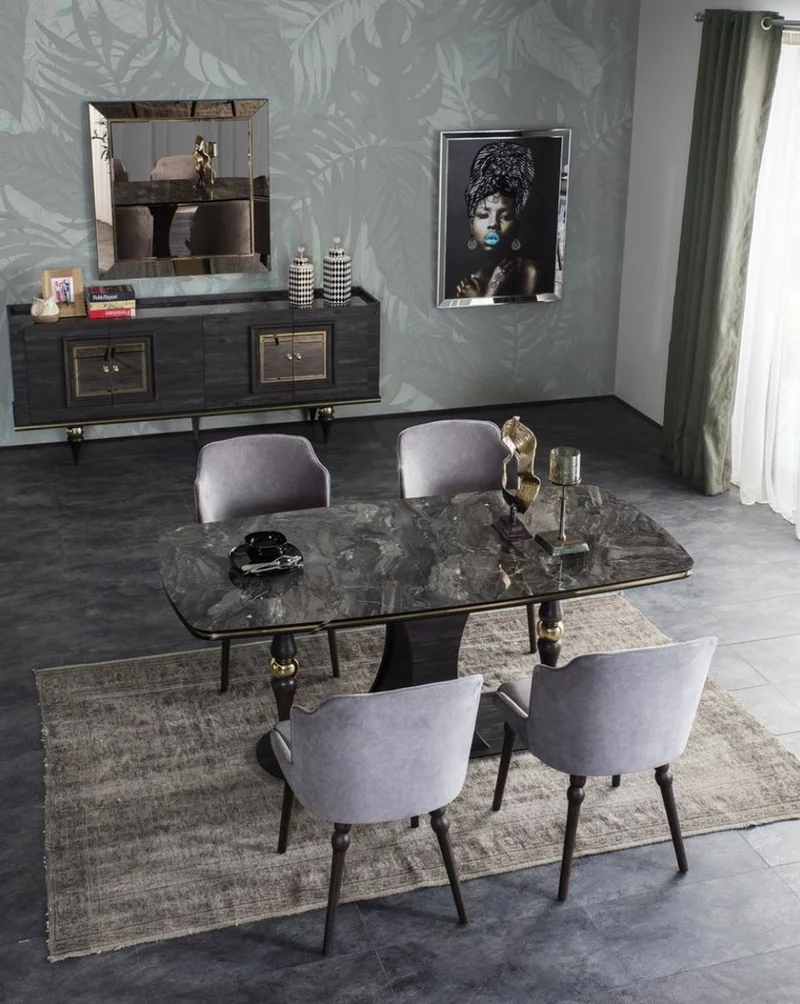 Casa Padrino Luxus Art Deco Esstisch Grau / Schwarz / Messingfarben 183 x 92 x H. 77 cm - Edler Esszimmertisch mit Glasplatte in Marmoroptik - Art Deco Esszimmer Möbel