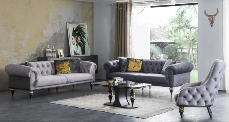 Casa Padrino Luxus Art Deco Chesterfield Wohnzimmer Sofa Dunkelgrau / Schwarz / Messingfarben 230 x 100 x H. 82 cm - Luxus Möbel
