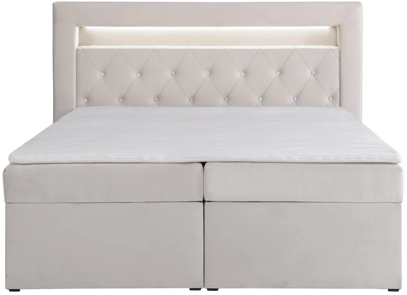 Kontinentalbett 140x200 cm Goldess mit Stauraum und LED-Beleuchtung, grau-beiges Samt