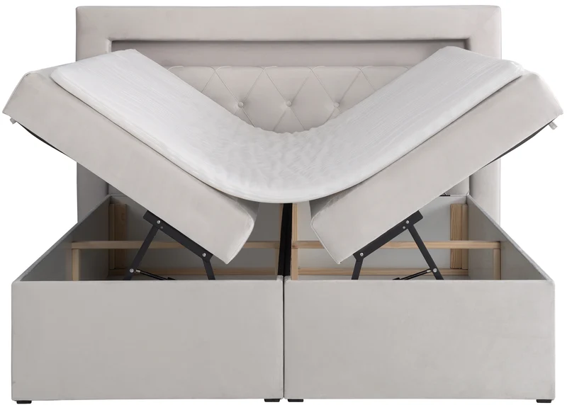 Kontinentalbett 140x200 cm Goldess mit Stauraum und LED-Beleuchtung, grau-beiges Samt