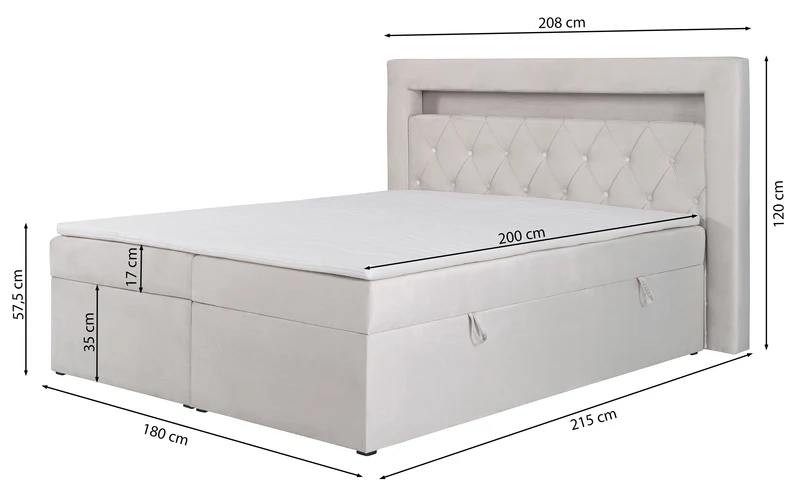 Kontinentales Bett 180x200 cm Goldess mit Stauraum und LED-Beleuchtung, grau-beiges Samt