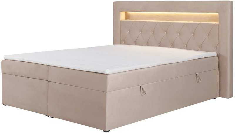 Kontinentalbett 140x200 cm Goldess mit Stauraum und LED-Beleuchtung, beige Samt