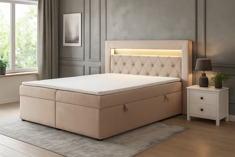 Kontinentalbett 140x200 cm Goldess mit Stauraum und LED-Beleuchtung, beige Samt