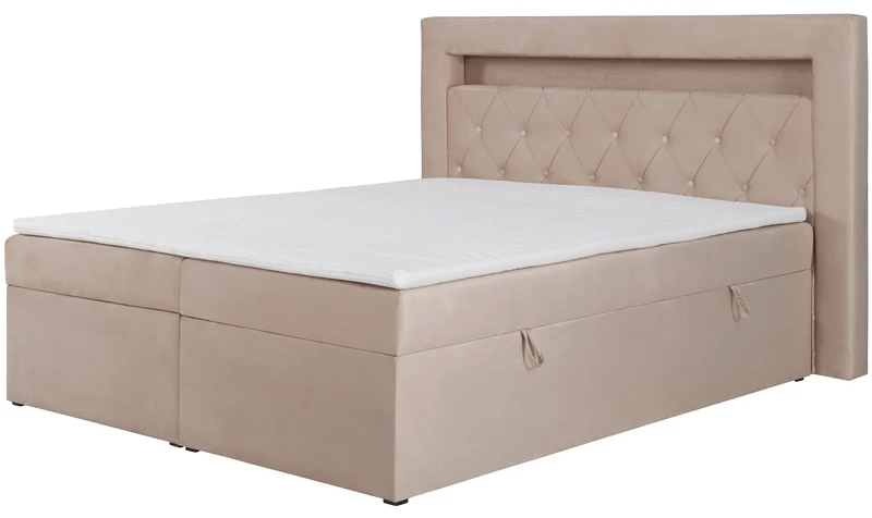 Kontinentalbett 140x200 cm Goldess mit Stauraum und LED-Beleuchtung, beige Samt