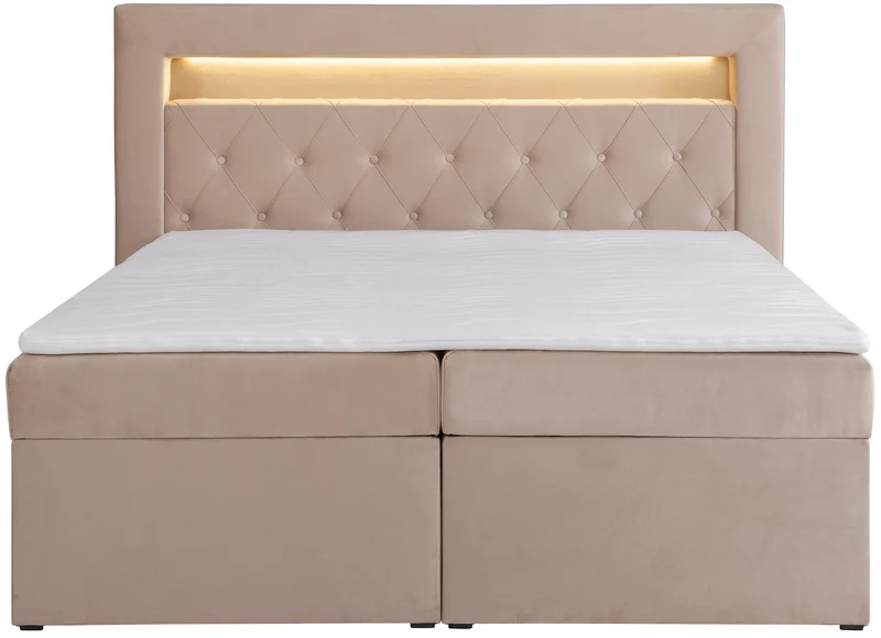Kontinentalbett 140x200 cm Goldess mit Stauraum und LED-Beleuchtung, beige Samt