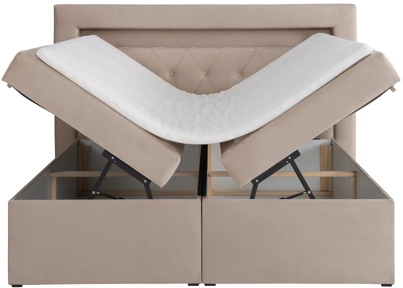 Kontinentalbett 140x200 cm Goldess mit Stauraum und LED-Beleuchtung, beige Samt