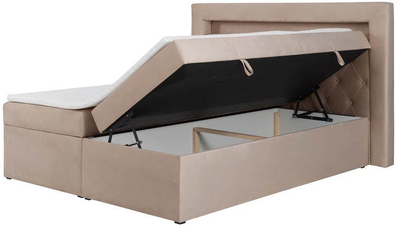 Kontinentalbett 140x200 cm Goldess mit Stauraum und LED-Beleuchtung, beige Samt