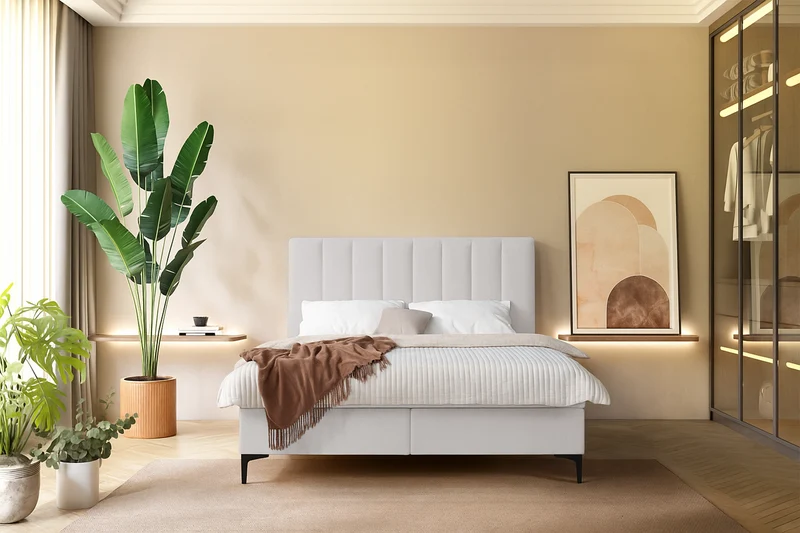 Kontinentales Bett 140x200 cm Lorentes mit Stauraum und Topper, hellbeige Geflecht
