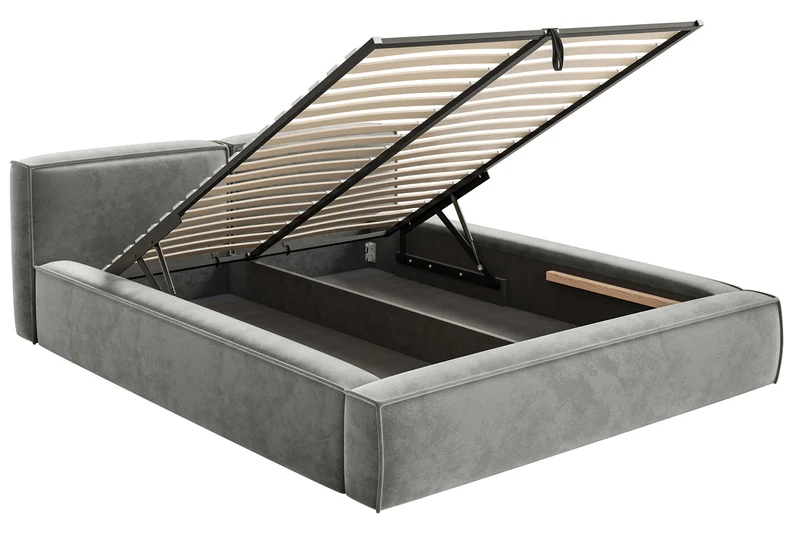 Polsterbett 200x200 cm Tilves Slim Low mit Stauraum, Metallrahmen, grauer Samt