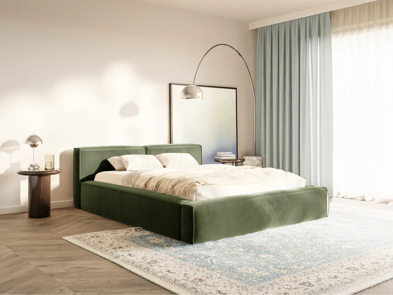 Polsterbett 200x200 cm Tilves Slim Low mit Stauraum, Metallrahmen, olivgrüner Samt