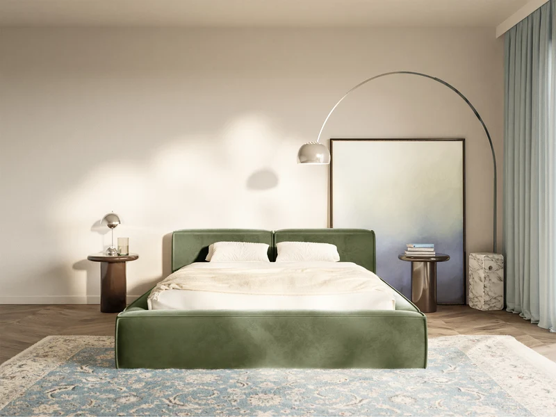 Polsterbett 200x200 cm Tilves Slim Low mit Stauraum, Metallrahmen, olivgrüner Samt