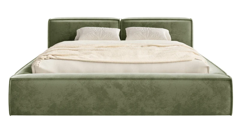 Polsterbett 200x200 cm Tilves Slim Low mit Stauraum, Metallrahmen, olivgrüner Samt