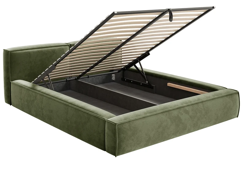Polsterbett 200x200 cm Tilves Slim Low mit Stauraum, Metallrahmen, olivgrüner Samt