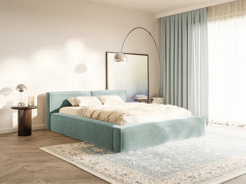 Polsterbett 180x200 cm Tilves Slim Low mit Stauraum, Metallrahmen, salbeigrüner Samt