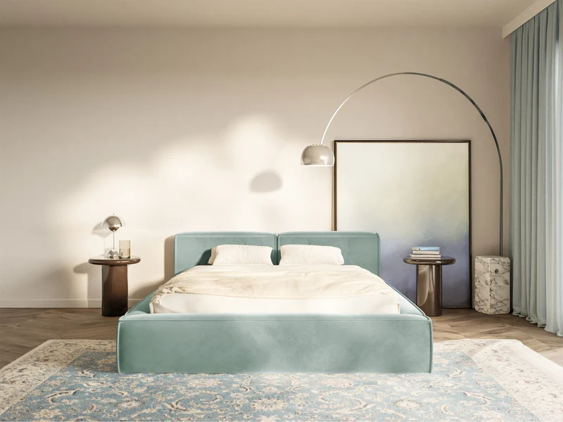 Polsterbett 180x200 cm Tilves Slim Low mit Stauraum, Metallrahmen, salbeigrüner Samt