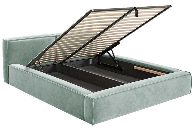 Polsterbett 180x200 cm Tilves Slim Low mit Stauraum, Metallrahmen, salbeigrüner Samt