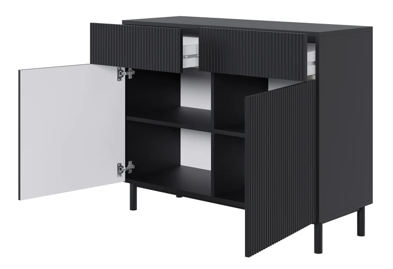 Zweiturige Kommode Veldio New mit gefräster Front und zwei Schubladen, 100 cm, schwarz